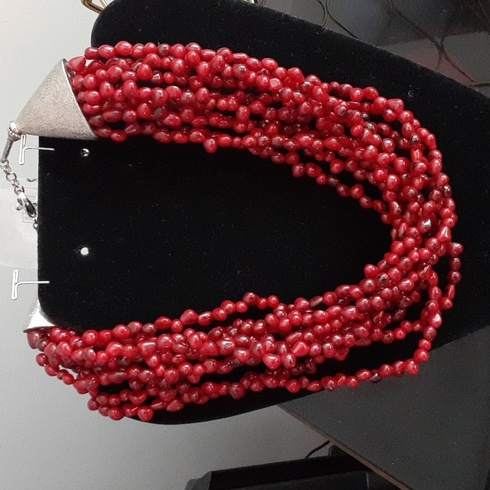 Multistrand Carnelian Bead Necklace with Silver End Caps